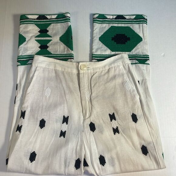 Zara Embroidered Linen Blend Pants White Green Aztec Design Pocket Blogger Fav S - Picture 4 of 16